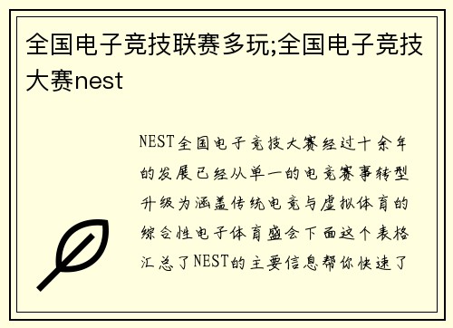 全国电子竞技联赛多玩;全国电子竞技大赛nest